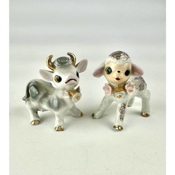 Vintage Cow And Lamb Figurines Ceramic White Gray Porcelain Gold Trim Japan - Picture 1 of 13